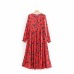 2019 women fashion floral print red long dress ladies o neck pleated big swing chic vestidos retro brand party dresses DS1897