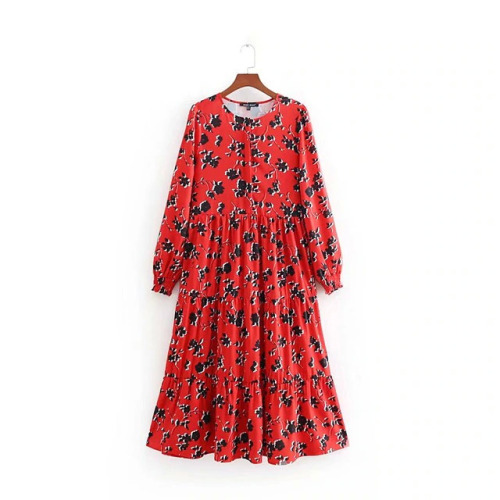 2019 women fashion floral print red long dress ladies o neck pleated big swing chic vestidos retro brand party dresses DS1897