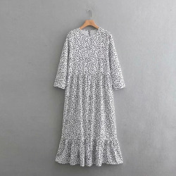 2019 women fashion o neck three quarter sleeve dots printing casual long dress female hem ruffles vestidos chic dresses DS1908