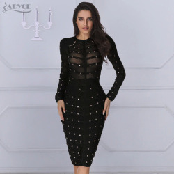 ADYCE 2019 New Black Bandage Dress Women Spring Celebrity Party Dress Long Sleeve Olive Mesh Gray Red Midi Bodycon Club Dresses