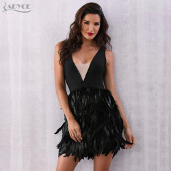 ADYCE Summer Women Feather Bandage Dress Vestidos Verano 2019 Black Sexy Deep V-Neck Tank Clubwear Bodycon Celebrity Party Dress