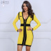 Adyce 2019 High Quality Summer Bandage Dress Women Yellow&Black V Neck Long Sleeve Dress Celebrity Evening Party Dress Vestidos