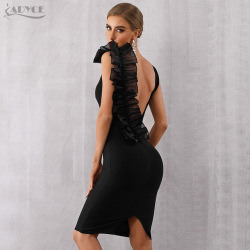 Adyce 2019 New Summer Bodycon Bandage Dress Women Sexy Black V-Neck Ruffles Mesh Backless Vestidos Celebrity Evening Party Dress