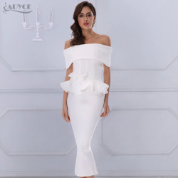 Adyce Bow&Ruffles Ankle Length Celebrity Evening Party Dress 2019 New Women Bodycon Dresses Slash Neck Short Sleeve White Dress