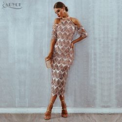 Adyce Elegant Sequins Evening Party Dress Vestidos Verano 2019 New Mesh Runway Dress Sexy Night Club Tassels Woman Fringe Dress