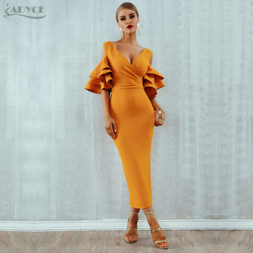 Adyce New Summer Women Club Dress Vestidos Verano 2019 Celebrity Party Dress Yellow Red Ruffle Butterfly Short Sleeve Midi Dress