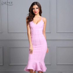 Adyce Women Summer Bandage Dress 2019 Pink Spaghetti Strap Mermaid Vestidos V-Neck Midi Clubwears Celebrity Evening Party Dress