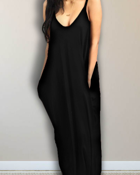 Alluring V Neck Spaghetti Strap Sleeveless Asymmetrical Black Cotton Blend Ankle Length Dress Alluring V Neck Spaghetti Strap Sleeveless Asymmetrical Black Cotton Blend Ankle Length Dress
