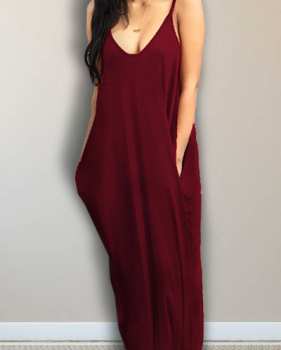 Alluring V Neck Spaghetti Strap Sleeveless Asymmetrical Wine Red Cotton Blend Ankle Length Dress Alluring V Neck Spaghetti Strap Sleeveless Asymmetrical Wine Red Cotton Blend Ankle Length Dress