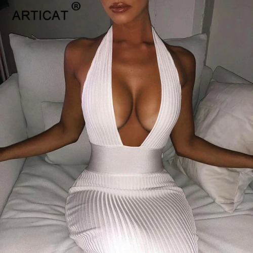 Articat Halter Backless Sexy Knitted Pencil Dress Women White Off Shoulder Long Bodycon Party Dress Elegant Summer Dress 2019