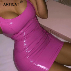 Articat PU Leather Sexy Bodycon Women Dress Pink Strap Sleeveless U-Neck Skiny Sheath Mini Dress Sexy Club Dress Short Vestidos