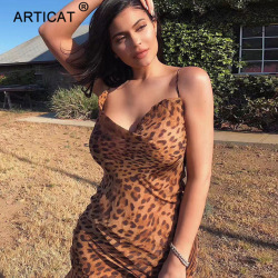 Articat Sexy V Neck Leopard Party Dress Women Spaghetti Strap Backless Slim Maxi Dress Summer Chiffon Long Beach Dress Vestidos