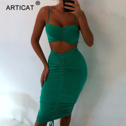 Articat Two Piece Sexy Pleated Party Dress Women Spaghetti Strap Backless Slinny Pencil Christmas Dress Casual Dress Vestidos