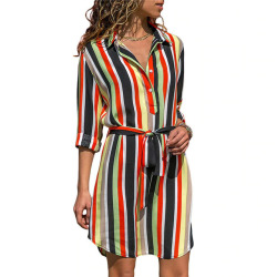 Autumn Summer Dress 2018 Women Striped Print Lace Up Beach Dress Elegant Party Dresses With Button Vestido De Fiesta Plus Size