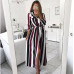 BEFORW 2019 Office Lady Turn-Down Collar Button Lace Up Long Shirt Dress Women Autumn Spring Long Sleeve Stripe Maxi Dresses