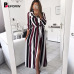 BEFORW 2019 Office Lady Turn-Down Collar Button Lace Up Long Shirt Dress Women Autumn Spring Long Sleeve Stripe Maxi Dresses