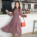 BGTEEVER Elegant Stand Collar Floral Print Women Dress Full Sleeve Elastic Slim Waist Chiffon Spring A-line Long Dress 2019