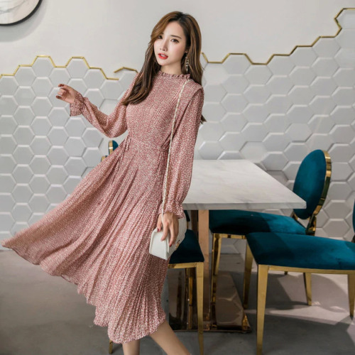 BGTEEVER Elegant Stand Collar Floral Print Women Dress Full Sleeve Elastic Slim Waist Chiffon Spring A-line Long Dress 2019