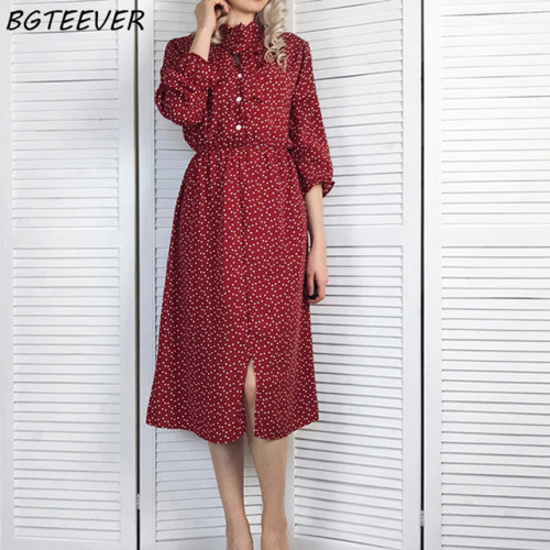 BGTEEVER Elegant Stand Collar Polka Dot Chiffon Women Dress Flare Sleeve Side Split Female Dress 2019 Spring Women Midi Vestidos