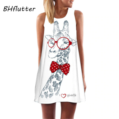 BHflutter 2018 Summer Dress Giraffe Print Prairie Chic Cute Chiffon Dress Women Sleeveless Casual Loose Mini Party Dress Vestido