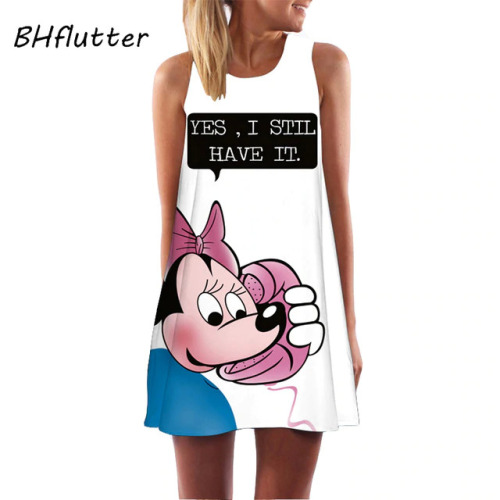 BHflutter 2018 Women Dress New Arrival Cute Mouse Print Casual Summer Dress Sleeveless O neck Short Party Dress Robe Femme Ete