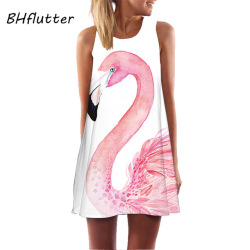 BHflutter Flamingo Print White Chiffon Dress Women Fashion Sleeveless Casual Summer Dress Ladies Mini Cute Party Dress Vestidos