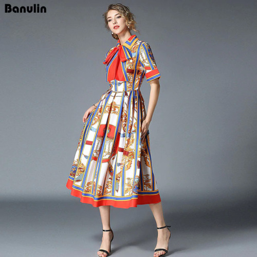 Banulin HIGH QUALITY 2018 Spring Summer Newest Runway Designer Dress Women's Short Sleeve Shirt Collar Floral Printed Bow Dress