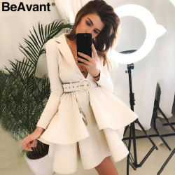 BeAvant Layered ruffle winter dress elegant 2018 OL tiered autumn women dress party High waist sash loose short dress female