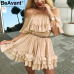 BeAvant Off shoulder strap chiffon summer dresses Women ruffle pleated short dress pink Elegant holiday loose beach mini dress