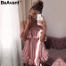 BeAvant Off shoulder strap chiffon summer dresses Women ruffle pleated short dress pink Elegant holiday loose beach mini dress