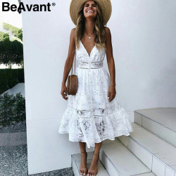 BeAvant v neck sexy lace summer dress women Strap button casual white dress female Streetwear backless midi dress vestidos 2018