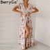 BerryGo Vintage floral print summer dress Ruffle sleeve sash sexy long dress Bohemian women dress holiday beach dress vestidos