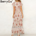 BerryGo Vintage floral print summer dress Ruffle sleeve sash sexy long dress Bohemian women dress holiday beach dress vestidos