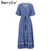 BerryGo women dresses Bohemian dresses print summer dress Short sleeve ruffled long maxi dress v-neck drawstring ladies vestidos