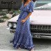 BerryGo women dresses Bohemian dresses print summer dress Short sleeve ruffled long maxi dress v-neck drawstring ladies vestidos