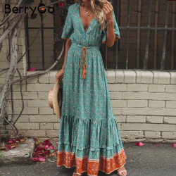 BerryGo women dresses Bohemian dresses print summer dress Short sleeve ruffled long maxi dress v-neck drawstring ladies vestidos