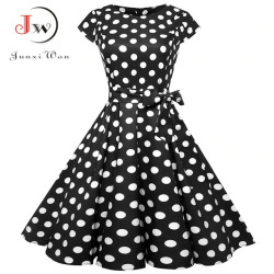 Black White Polka Dot Vintage Dress  Summer Women Floral Print Short Sleeve Retro Robe Rockabilly Dresses Party Jurkjes