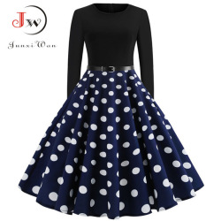 Black Winter Dress Women Polka Dot Patchwork Elegant Vintage Dress Long Sleeve Big Swing Plus Size Party Dresses Casual Chrismas