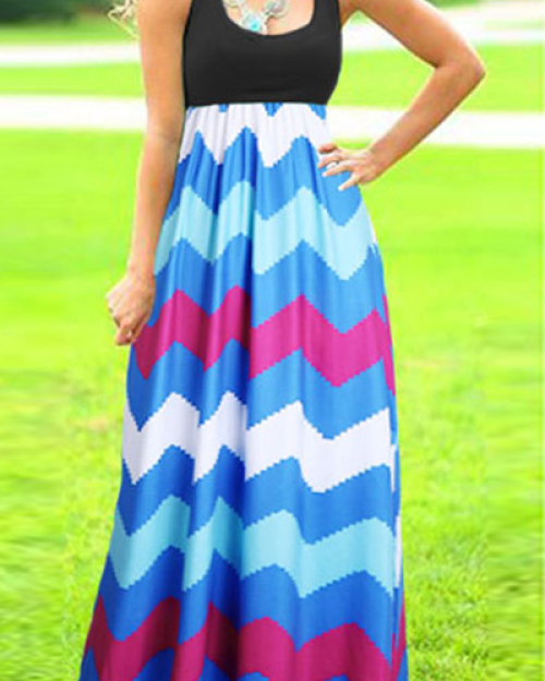 Bohemian Style U Neck Tank Sleeveless Patchwork Colorful Wavy Print Blue Blending Ankle Length Dress Bohemian Style U Neck Tank Sleeveless Patchwork Colorful Wavy Print Blue Blending Ankle Length Dress