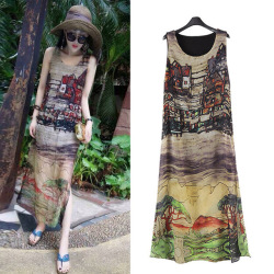 Boho Loose Maxi Summer Dress Plus Size Dresses For Women 4X 5X 6X Print Sleeveless Chiffon Long Beach Dress Vestidos Robe Femme