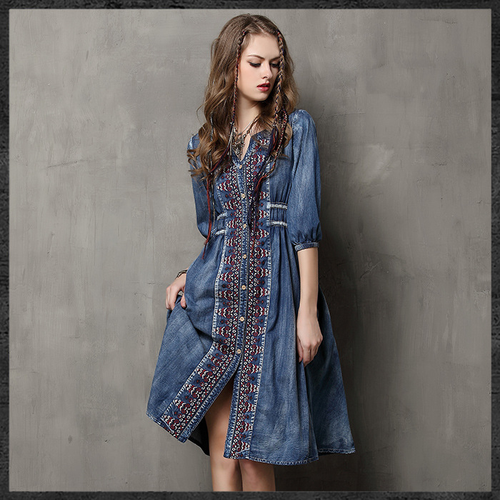 Brand women's 2019 spring and summer new large size denim skirt ethnic style embroidery drawstring sleeve dress #95013