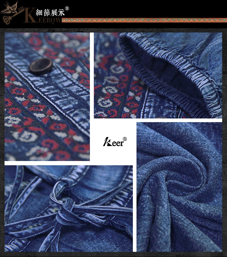 Brand women's 2019 spring and summer new large size denim skirt ethnic style embroidery drawstring sleeve dress #95013