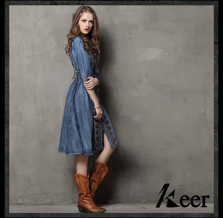 Brand women's 2019 spring and summer new large size denim skirt ethnic style embroidery drawstring sleeve dress #95013