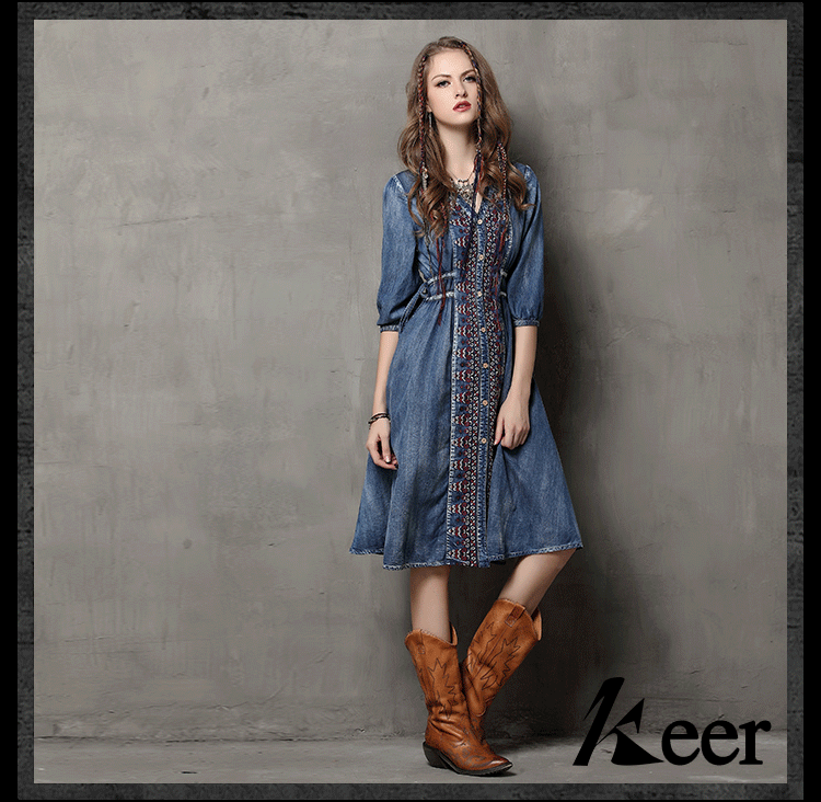 Brand women's 2019 spring and summer new large size denim skirt ethnic style embroidery drawstring sleeve dress #95013