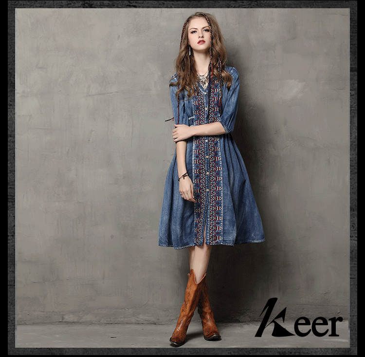 Brand women's 2019 spring and summer new large size denim skirt ethnic style embroidery drawstring sleeve dress #95013