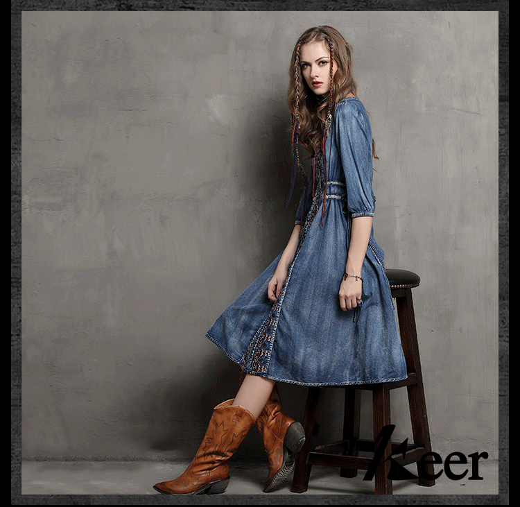 Brand women's 2019 spring and summer new large size denim skirt ethnic style embroidery drawstring sleeve dress #95013