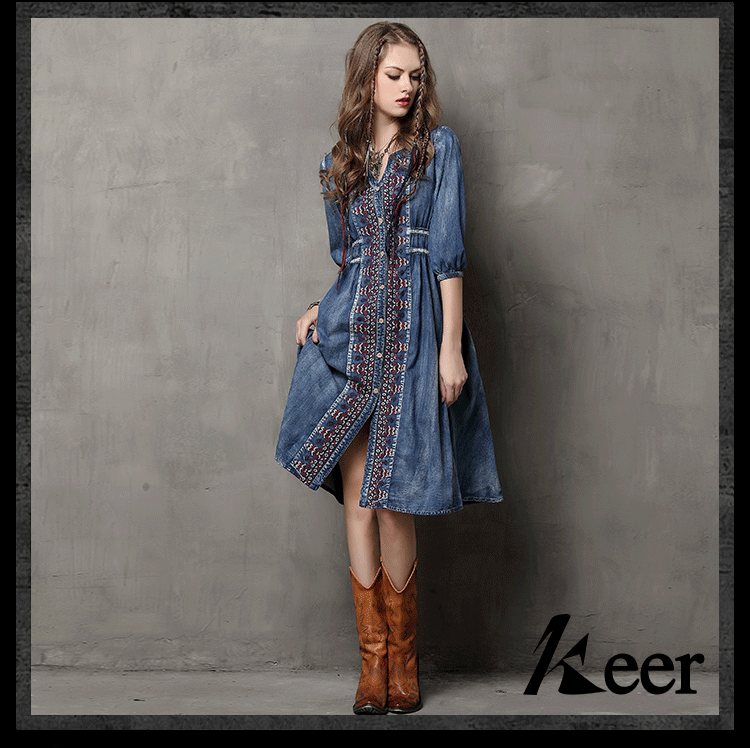 Brand women's 2019 spring and summer new large size denim skirt ethnic style embroidery drawstring sleeve dress #95013