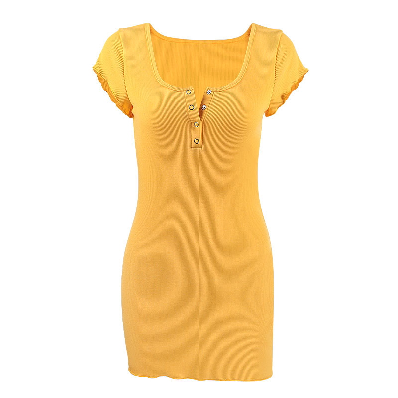 Button solid color package hip one-step dress sexy women's short sleeve dress #95127