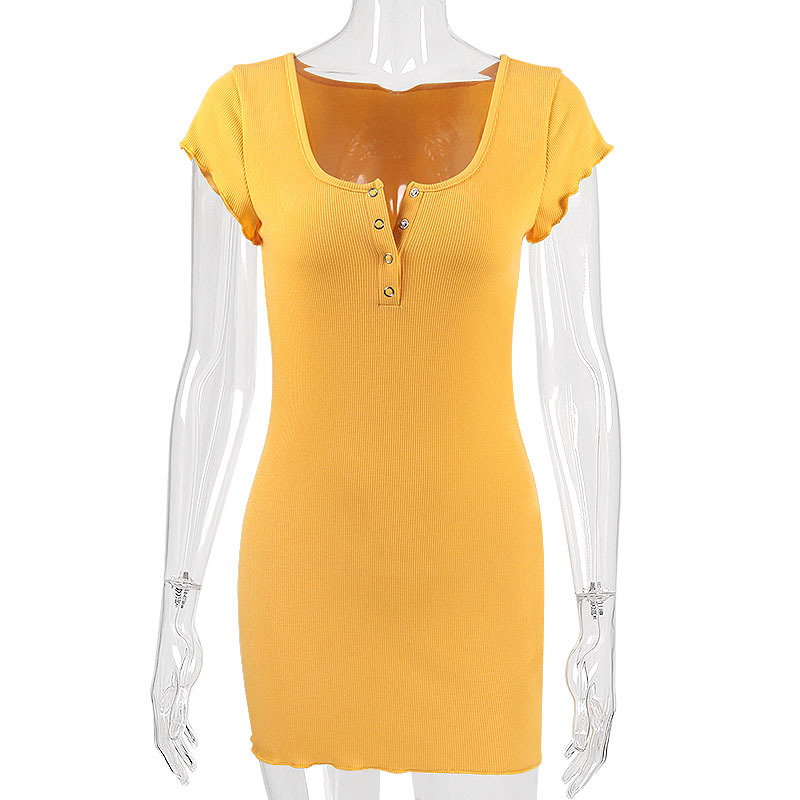 Button solid color package hip one-step dress sexy women's short sleeve dress #95127
