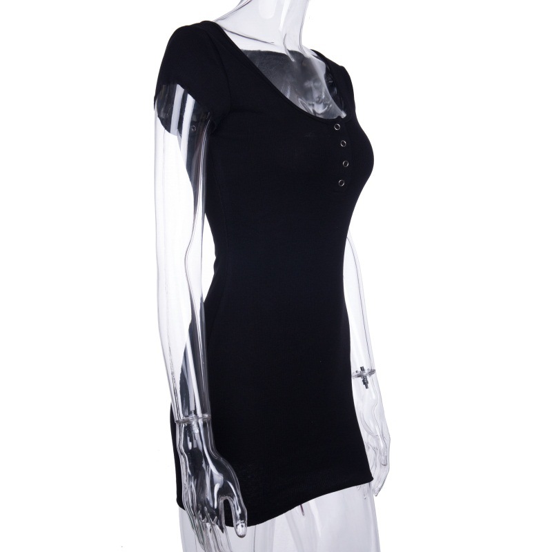 Button solid color package hip one-step dress sexy women's short sleeve dress #95128